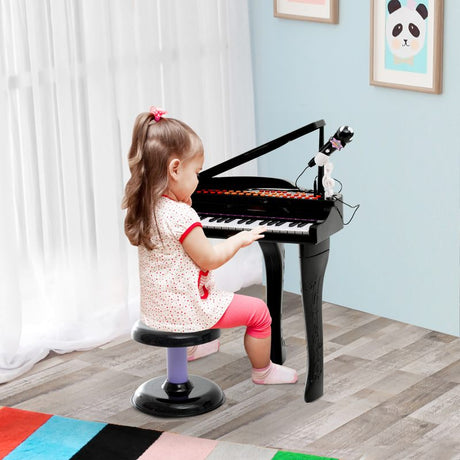 HOMCOM 37 Keys Kids Mini Electronic Keyboard Children Grand Piano with Stool Microphone Light Musical Instrument Educational Game Toy Set (Black)