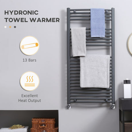 HOMCOM Curved Heated Towel Rail, Hydronic Bathroom Ladder Radiator Towel Warmer For Central Heating 600mm x 1200mm, Grey