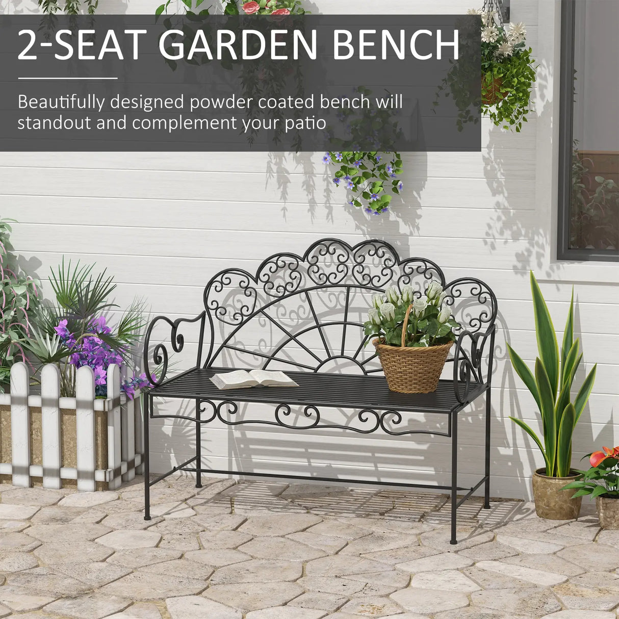 Outsunny Metal Garden Bench Loveseat with Slatted Seat, Black