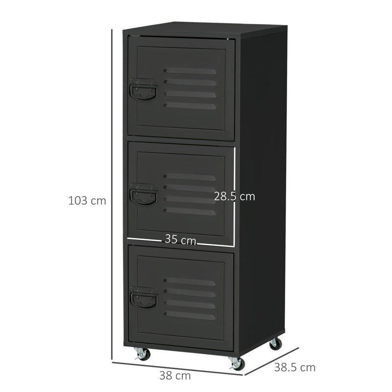 HOMCOM Rolling Storage Cabinet 3-Tier Mobile File Cabinet with Wheels & Metal Doors for Home Office, Living Room, Black