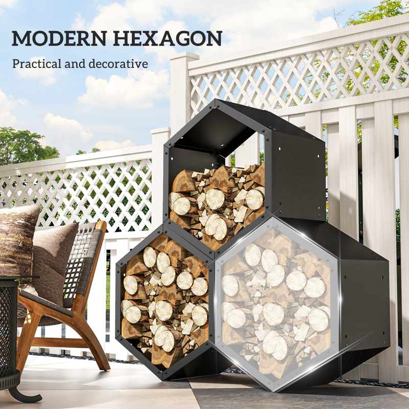 Outsunny Fireplace Log Rack, Steel Firewood Log Holder, 3 Hexagon Boxes, Indoor Outdoor Wood Storage Shelf, 113 x 37 x 113cm, Black