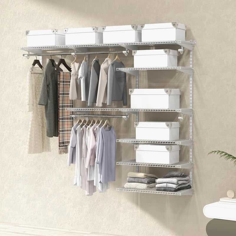 Adjustable Closet Organizer Kit with Shelves and Hanging Rods for 4 to 6 Feet-White