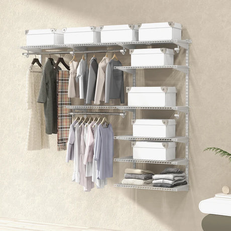 Adjustable Closet Organizer Kit with Shelves and Hanging Rods for 4 to 6 Feet-White