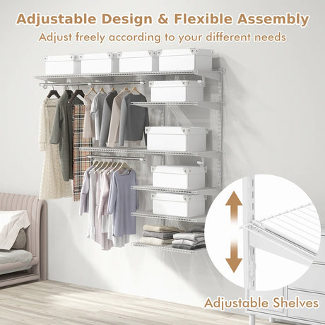 Adjustable Closet Organizer Kit with Shelves and Hanging Rods for 4 to 6 Feet-White