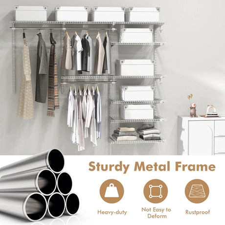 Adjustable Closet Organizer Kit with Shelves and Hanging Rods for 4 to 6 Feet-White