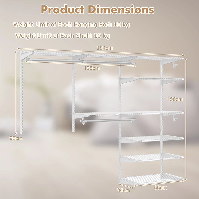 Adjustable Closet Organizer Kit with Shelves and Hanging Rods for 4 to 6 Feet-White