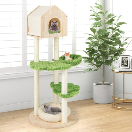 55 Inch Tall Cat Climbing Stand with Sisal Scratching Posts and Soft Cat Bed for Indoor Kittens-Green