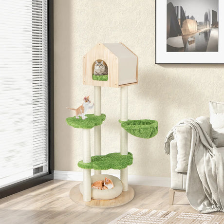 55 Inch Tall Cat Climbing Stand with Sisal Scratching Posts and Soft Cat Bed for Indoor Kittens-Green