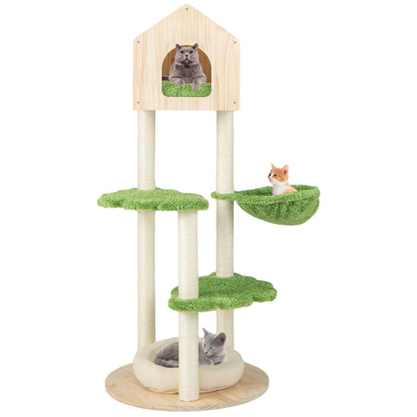 55 Inch Tall Cat Climbing Stand with Sisal Scratching Posts and Soft Cat Bed for Indoor Kittens-Green