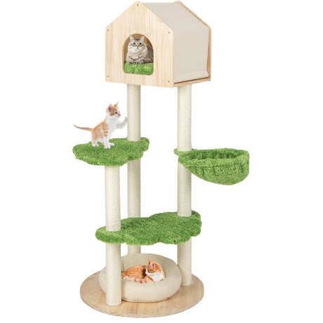 55 Inch Tall Cat Climbing Stand with Sisal Scratching Posts and Soft Cat Bed for Indoor Kittens-Green