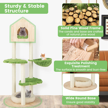 55 Inch Tall Cat Climbing Stand with Sisal Scratching Posts and Soft Cat Bed for Indoor Kittens-Green