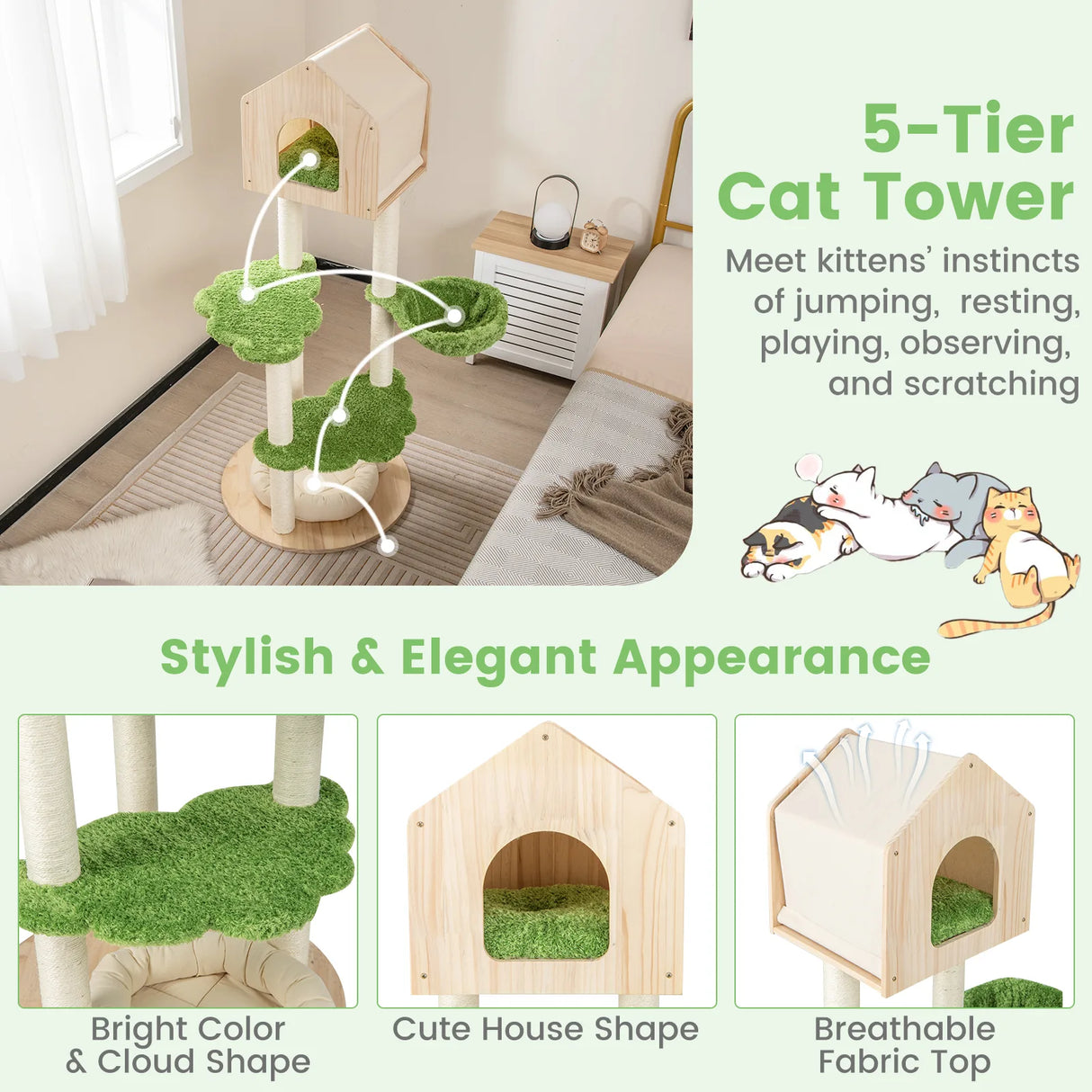 55 Inch Tall Cat Climbing Stand with Sisal Scratching Posts and Soft Cat Bed for Indoor Kittens-Green