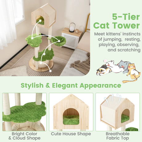 55 Inch Tall Cat Climbing Stand with Sisal Scratching Posts and Soft Cat Bed for Indoor Kittens-Green