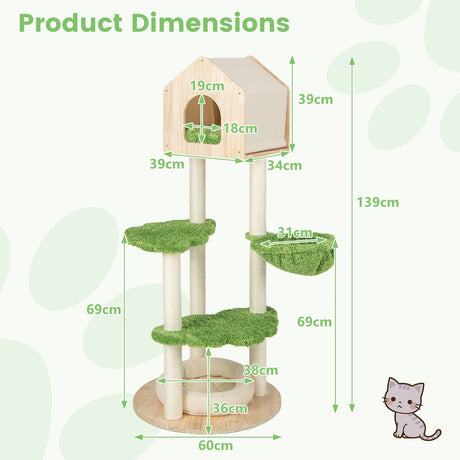 55 Inch Tall Cat Climbing Stand with Sisal Scratching Posts and Soft Cat Bed for Indoor Kittens-Green