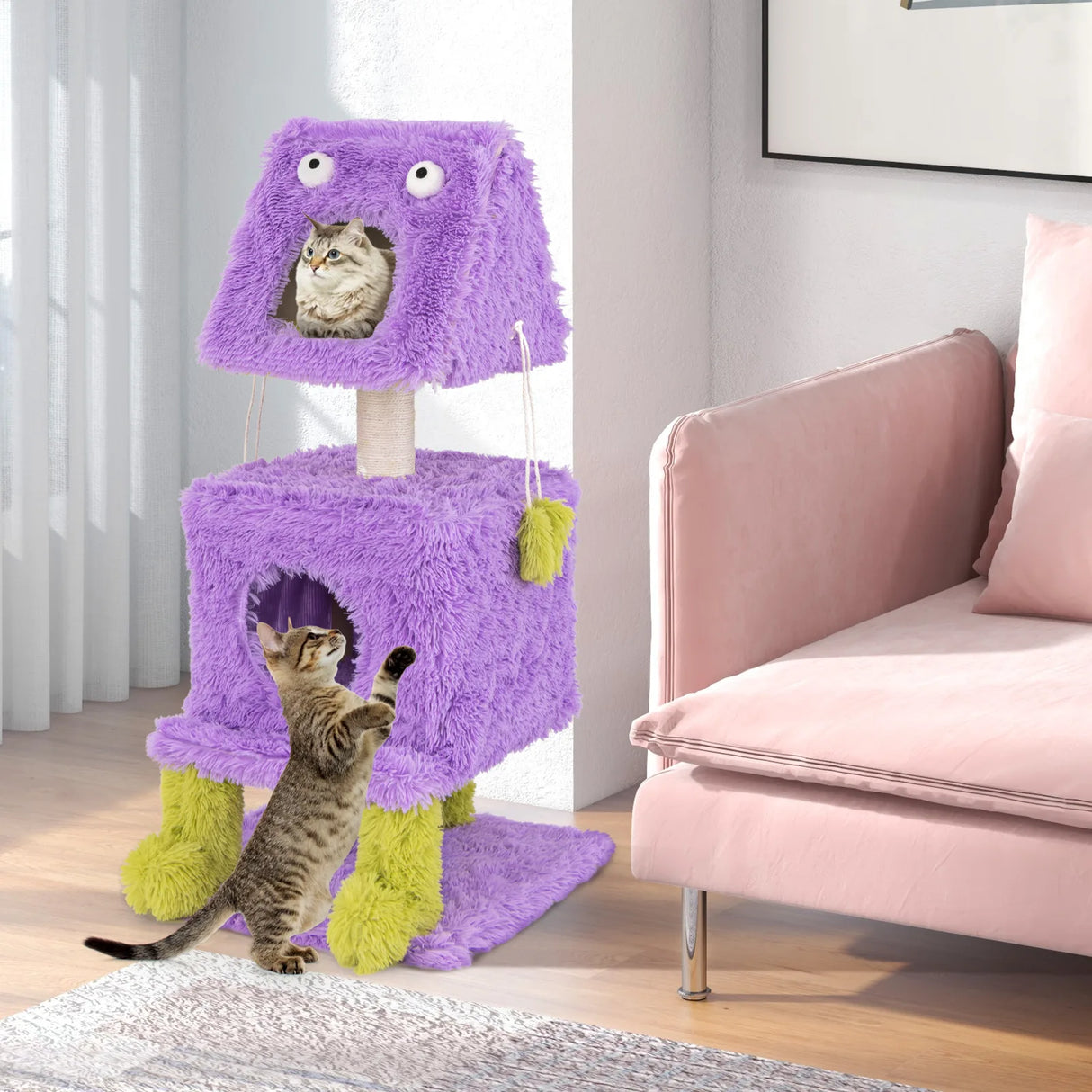 Cute Monster-Themed Cat Tower with 2 Private Condos and Soft Long Plush-Purple