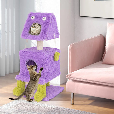 Cute Monster-Themed Cat Tower with 2 Private Condos and Soft Long Plush-Purple