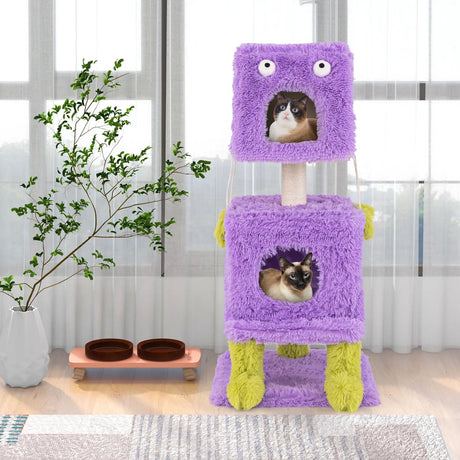 Cute Monster-Themed Cat Tower with 2 Private Condos and Soft Long Plush-Purple