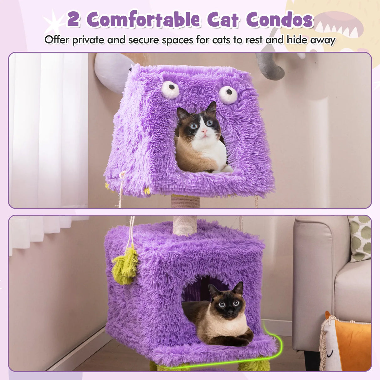 Cute Monster-Themed Cat Tower with 2 Private Condos and Soft Long Plush-Purple