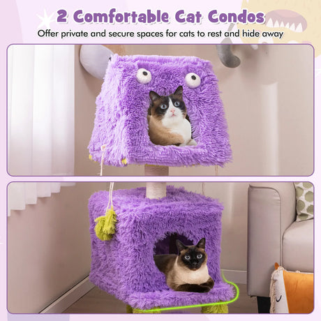 Cute Monster-Themed Cat Tower with 2 Private Condos and Soft Long Plush-Purple