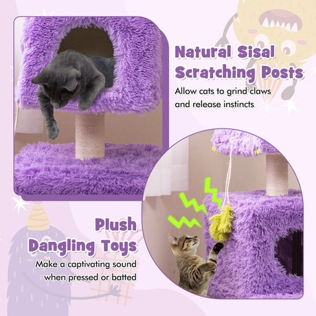 Cute Monster-Themed Cat Tower with 2 Private Condos and Soft Long Plush-Purple