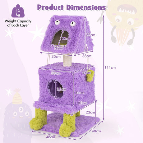Cute Monster-Themed Cat Tower with 2 Private Condos and Soft Long Plush-Purple