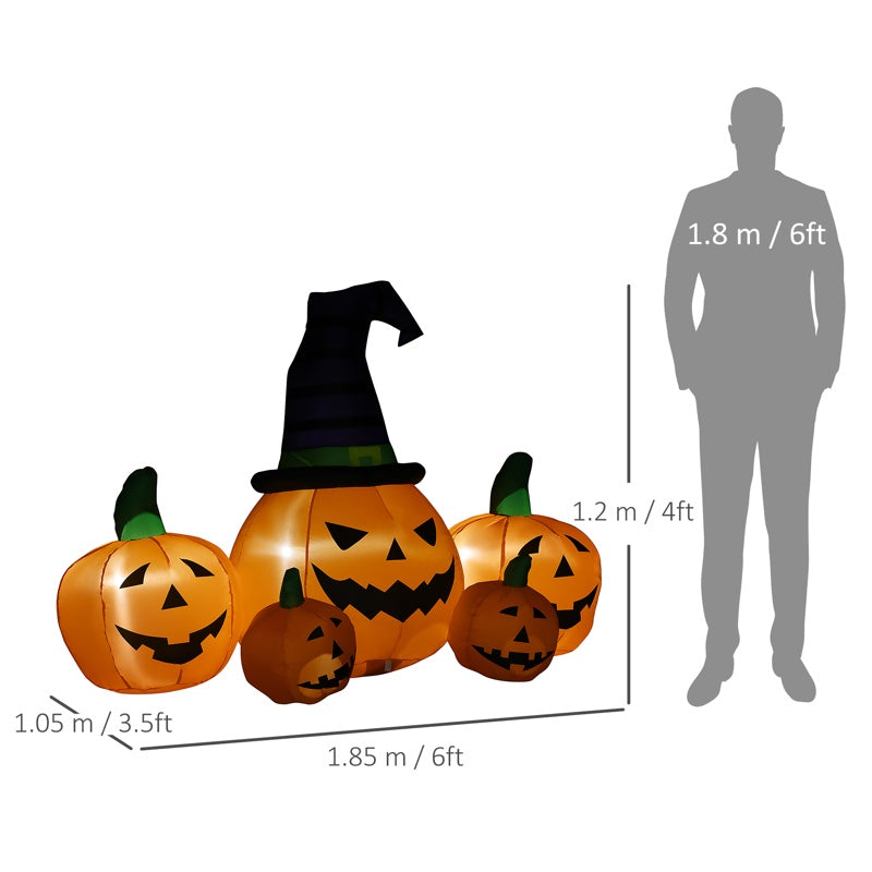 Outsunny 6ft Inflatable Halloween Large Pumpkin in Hat with Four Small Pumpkins, Blow-Up Outdoor LED Display for Lawn, Garden, Party