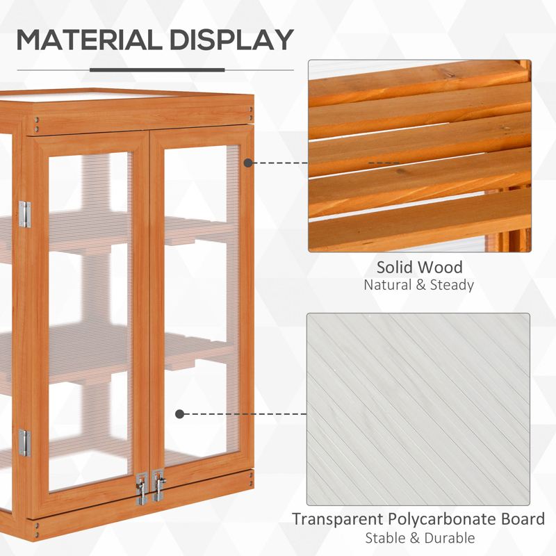 Outsunny 3-tier Wood Greenhouse Garden Polycarbonate Cold Frame Balcony Grow House w/ Storage Shelf for Plants, Flowers, Orange