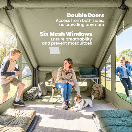 Outsunny Inflatable Camping Tent with Pump and Stove Jack Hole, Luxury Inflatable Tent with Mesh Windows, Doors, Olive Green