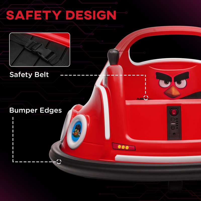 AIYAPLAY Angry Bird Licensed Waltzer Car, 12V Kids Bumper Car w/ Joysticks, Remote, Music LED Lights, Red