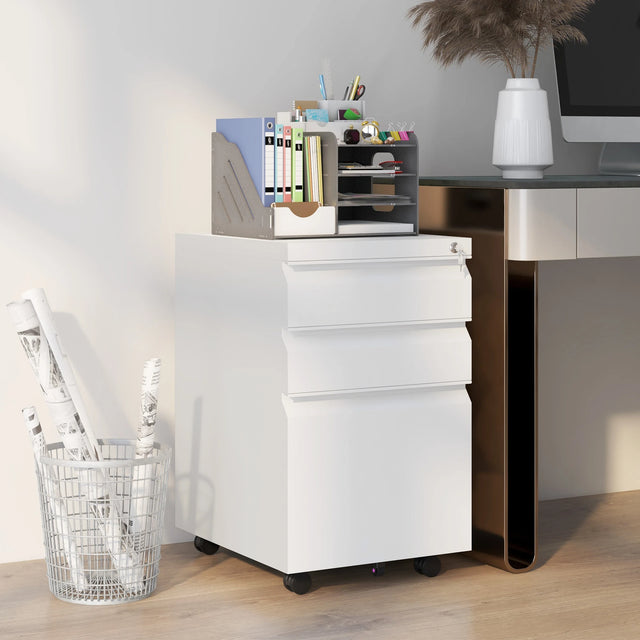 Vinsetto 3-Drawer Filing Cabinet with Lock, Mobile Steel File Cabinet for A4, Legal and Letter Size, Under Desk Drawers with Pre-Assembled Body for Home Office, 37 x 43.5 x 60 cm, White