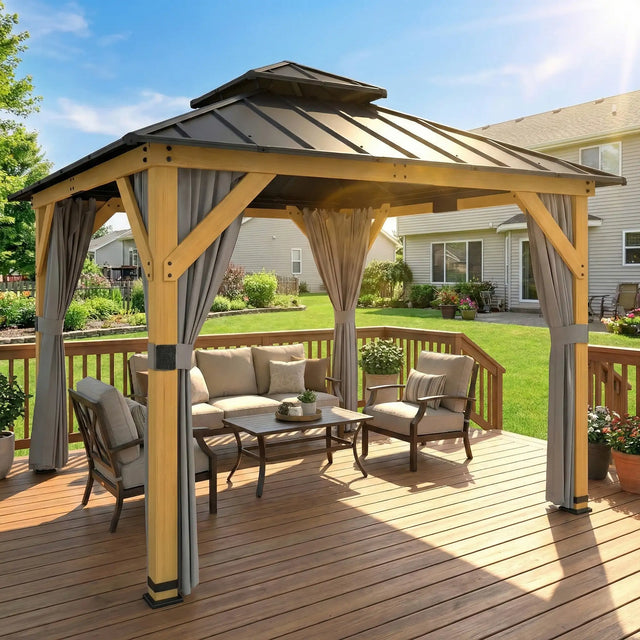 Outsunny 3 x 3 m Outdoor Hardtop Gazebo Canopy with 2-Tier Steel Roof, Wood Garden Gazebo with Curtains, Grey