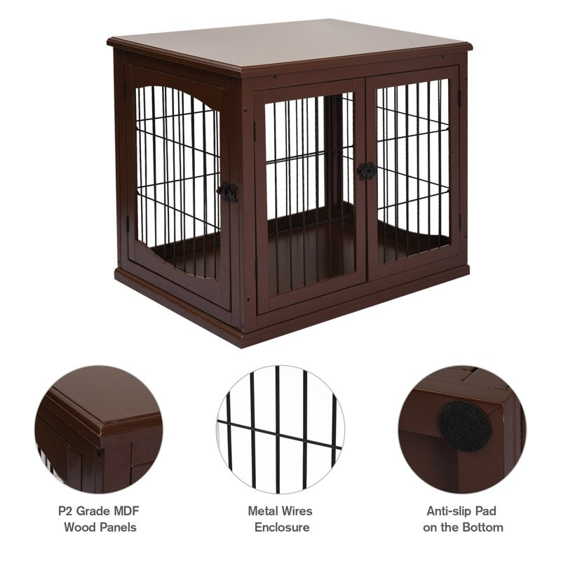 PawHut Dog Crate, Furniture Style Puppy Cage End Table, Pet Kennel House with 3 Doors for Small Dog, Brown 81 x 58.5 x 66 cm