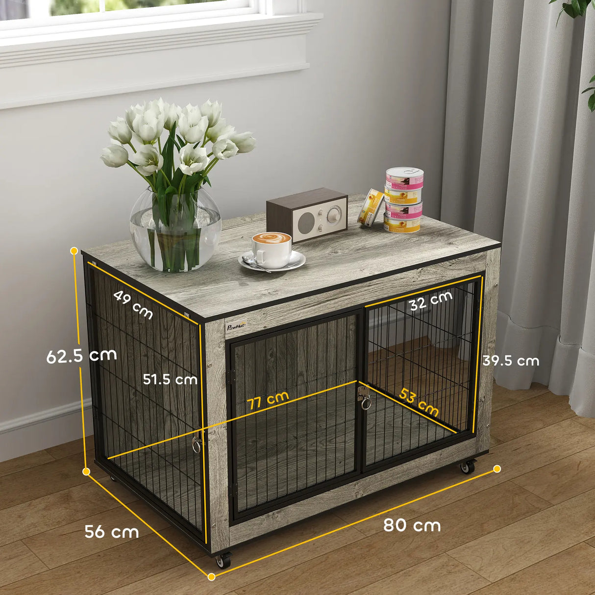 PawHut Dog Crate Furniture with Wheels, Double Doors, for Medium Dogs, Grey