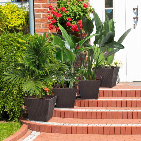 Outsunny Outdoor Planter Pack of 4, Rattan Effect Plant Pots Indoor Stackable Design, for Garden Patio Porch Deck, Brown