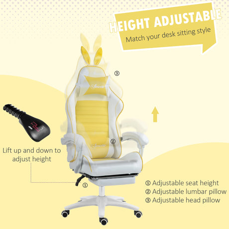Vinsetto Reclining Racing Gaming Chair with Headrest and Lumber Support, PU Leather Computer Chair with Removable Rabbit Ears, Footrest, Yellow
