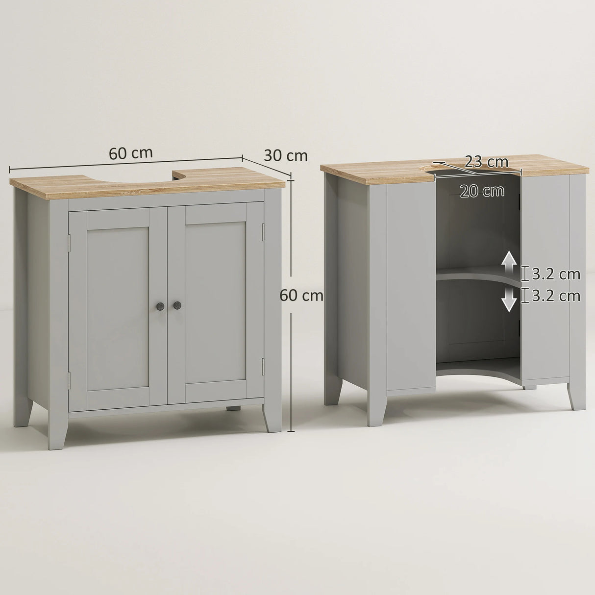 kleankin Under Sink Cabinet, Bathroom Sink Cabinet with 2 Doors, Pedestal Under Sink Design, Freestanding Bathroom Cupboard with Adjustable Shelf, Grey