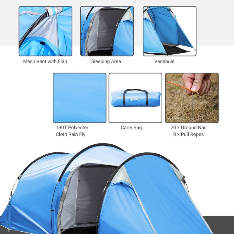 Outsunny 2-3 Man Tunnel Tent with Vestibule, Weather-Resistant Camping Tent with Air Vents for Fishing Hiking, Light Blue & Grey