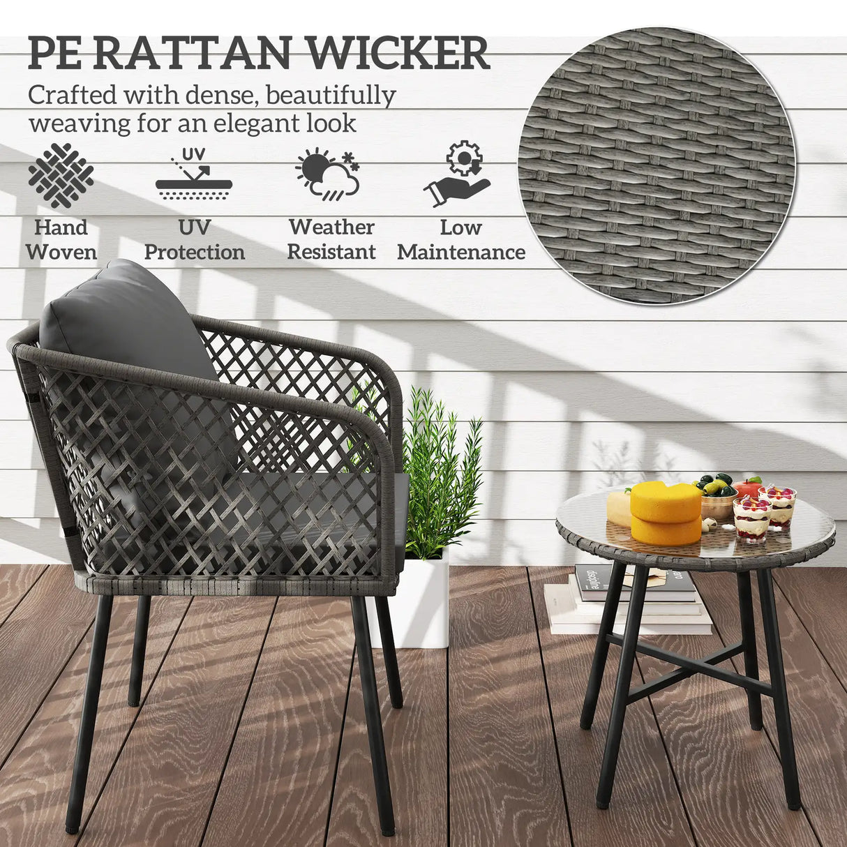 Outsunny Three-Piece Cut-Out Rattan Chair and Table Set - Grey