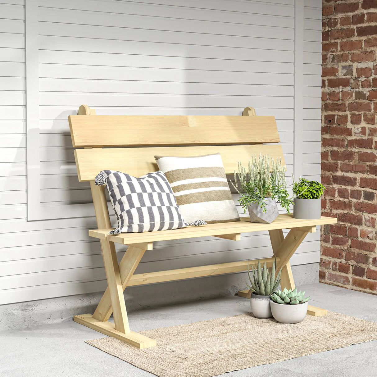 Outsunny 2 Seater Wooden Garden Bench, Fir Wood Outdoor Bench, Garden Loveseat with Slatted Seat, Sloping Back and Wide Feet for Patio, Park, Natural Wood Finish