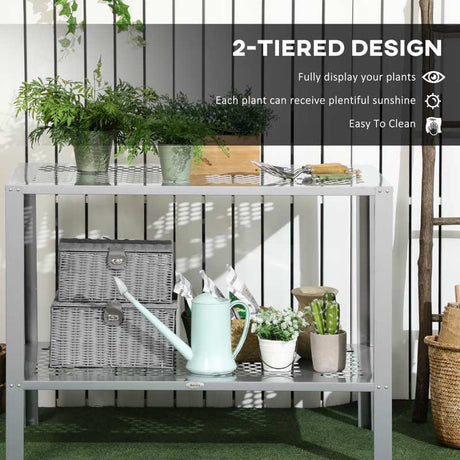 Outsunny 2-Tier Plant Stand, Corner Plant Shelf for Outdoor and Indoor Storage Organizer, Freestanding Flower Rack with Steel Frame, Mesh Board, Silver