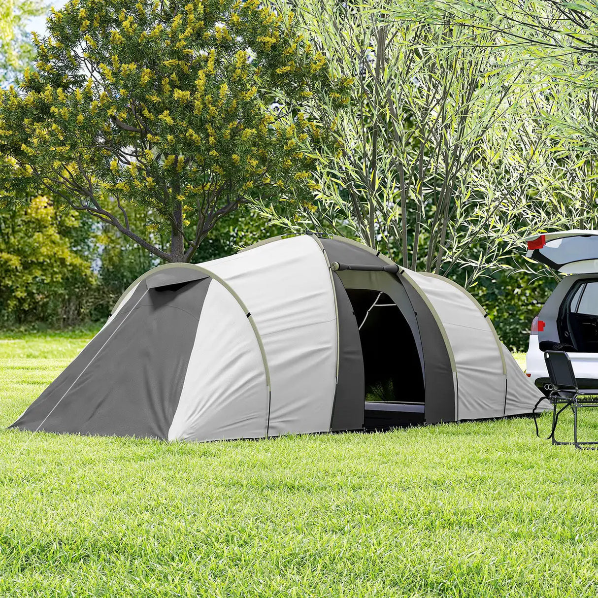 Outsunny Four-Man Tunnel Tent, with Two Bedrooms and Living Room - Grey/Yellow
