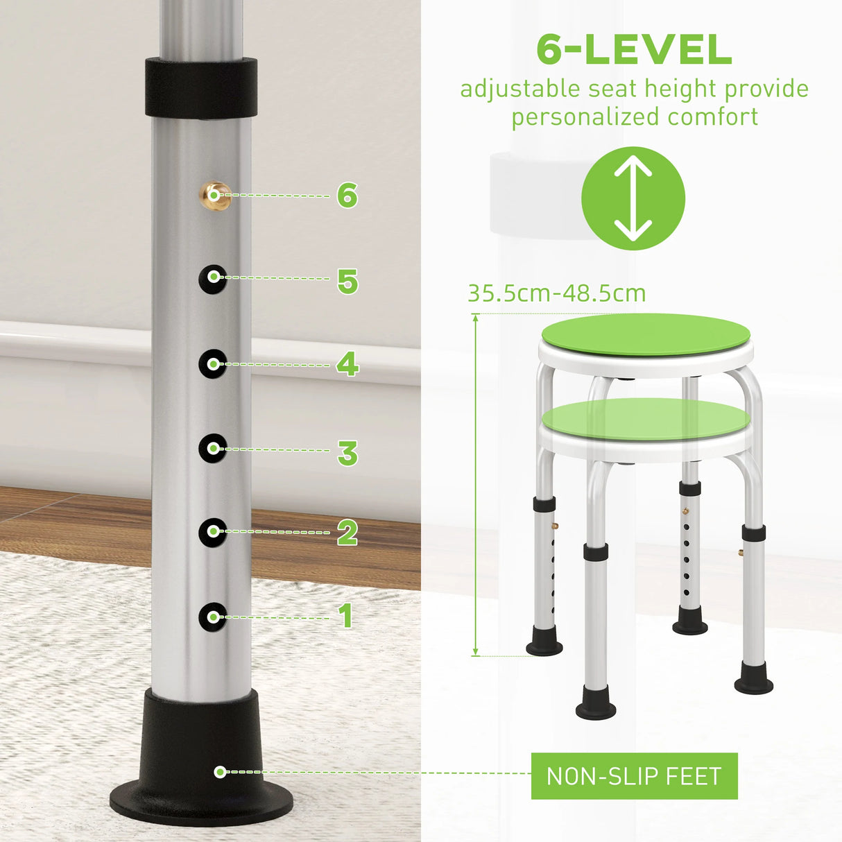 HOMCOM 360 Swivel Shower Chair, Height Adjustable Aluminium Shower Stool with Non-Slip Feet for Disabled, Elderly, Green