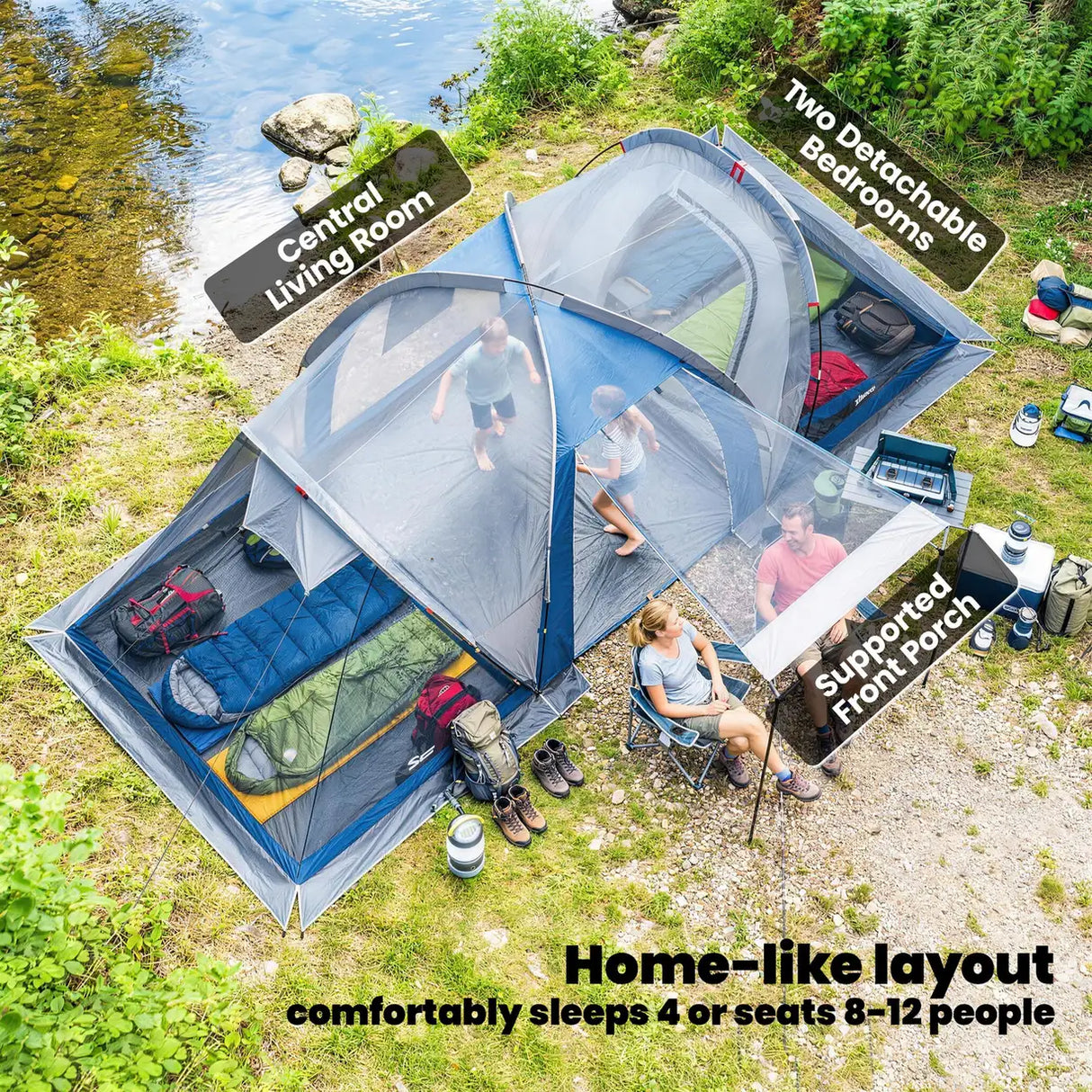 Outsunny Family Camping Tent 3000mm Waterproof Windproof Tunnel Tent 8-12 Person, Navy Blue & Light Grey