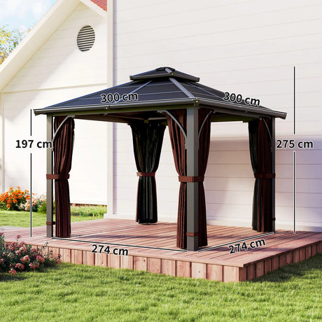 Outsunny 3 x 3(m) Hardtop Gazebo Canopy with 7mm Double Polycarbonate Roof, Garden Gazebo Permanent Pavilion with Mosquito Netting and Curtains for Patio, Deck, Brown
