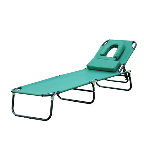 Outsunny Foldable Outdoor Sun Lounger Adjustable Backrest Reclining Chair with Pillow and Reading Hole Garden Beach, Dark Green