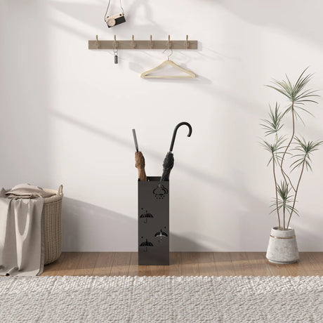 HOMCOM Metal Umbrella Stand, Square Umbrella Holder with Removable Drip Tray and 4 Hooks, Decorative Umbrella Storage Rack for Hallway, Entryway, 15.5 x 15.5 x 41 cm, Black
