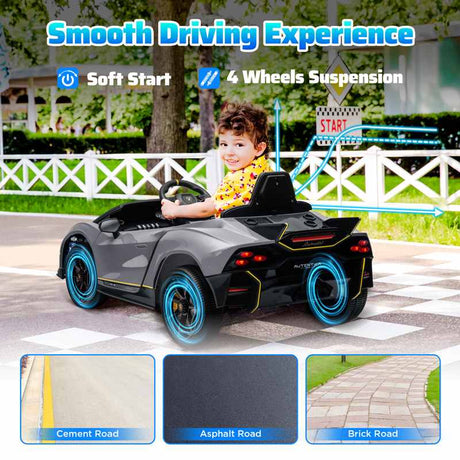 AIYAPLAY 12V Lamborghini Autentica Licensed Kids Electric Car with Remote Control, 4 Suspension Wheels, Soft Start, Grey