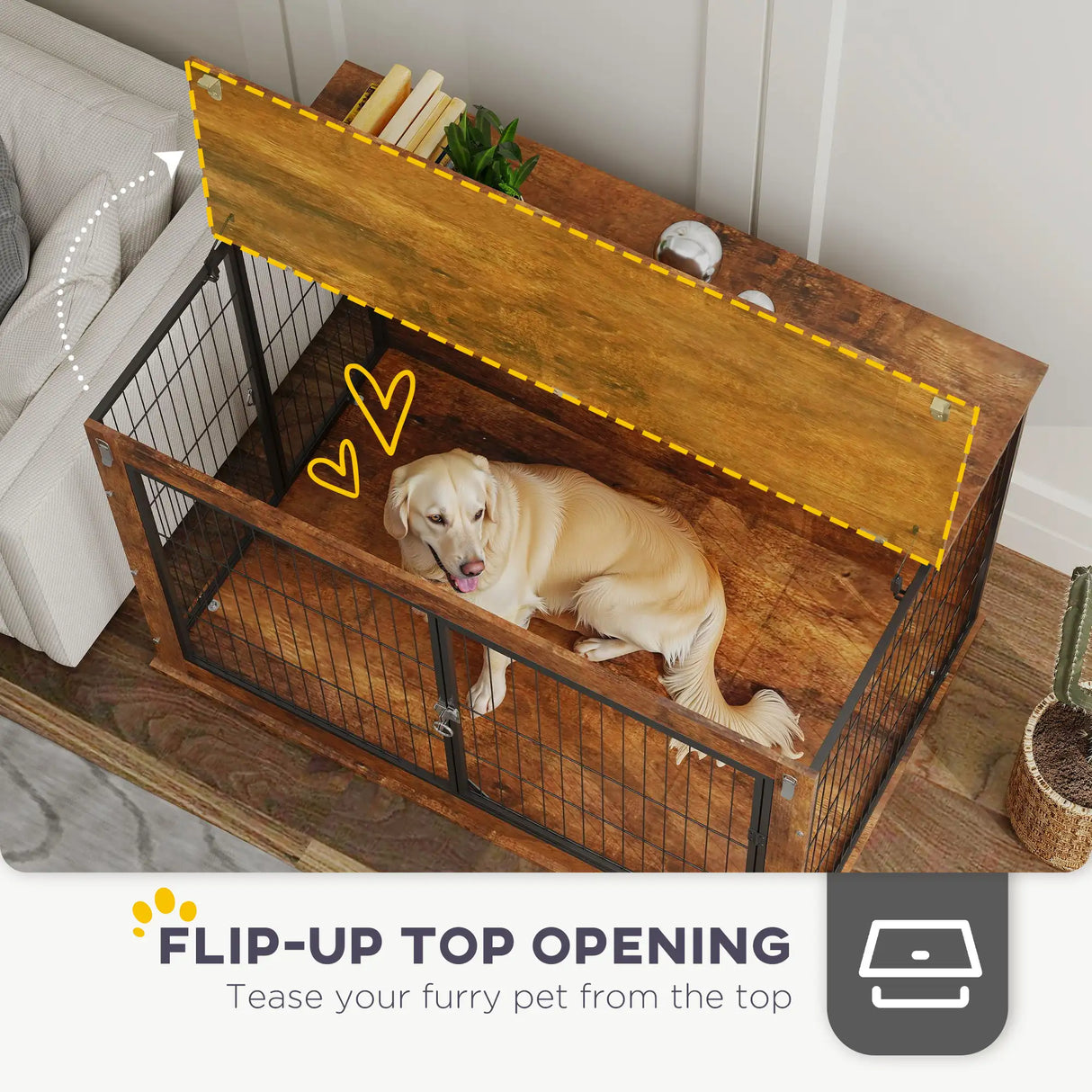 PawHut 46.46'' Dog Crate Furniture with Openable Top, Two Lockable Doors, for Extra Large Dogs, Rustic Brown