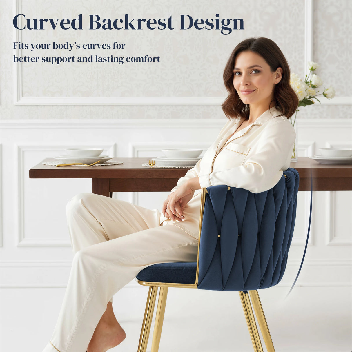 HOMCOM Velvet-Feel Dining Chairs Set of 2, Modern Upholstered Kitchen Chairs with Woven Backrest and Armrests, Metal Legs and Padded Seat for Dining Room, Bedroom, Living Room, Dark Blue