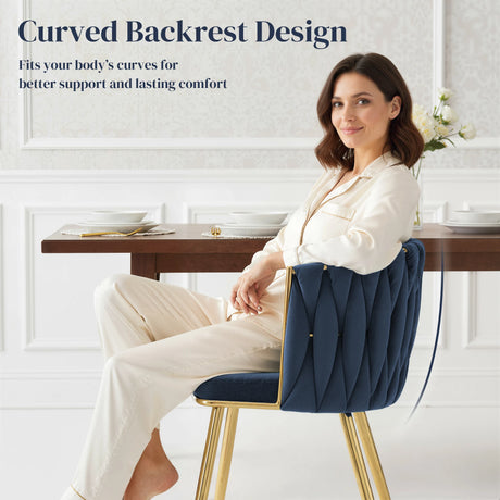 HOMCOM Velvet-Feel Dining Chairs Set of 2, Modern Upholstered Kitchen Chairs with Woven Backrest and Armrests, Metal Legs and Padded Seat for Dining Room, Bedroom, Living Room, Dark Blue
